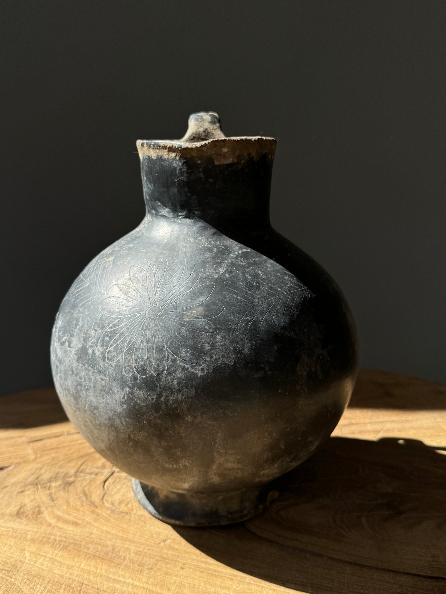 Black Clay Ceramic Pitcher With Flower Engraving From Coyotepec, Oaxaca, Circa 1940’s
