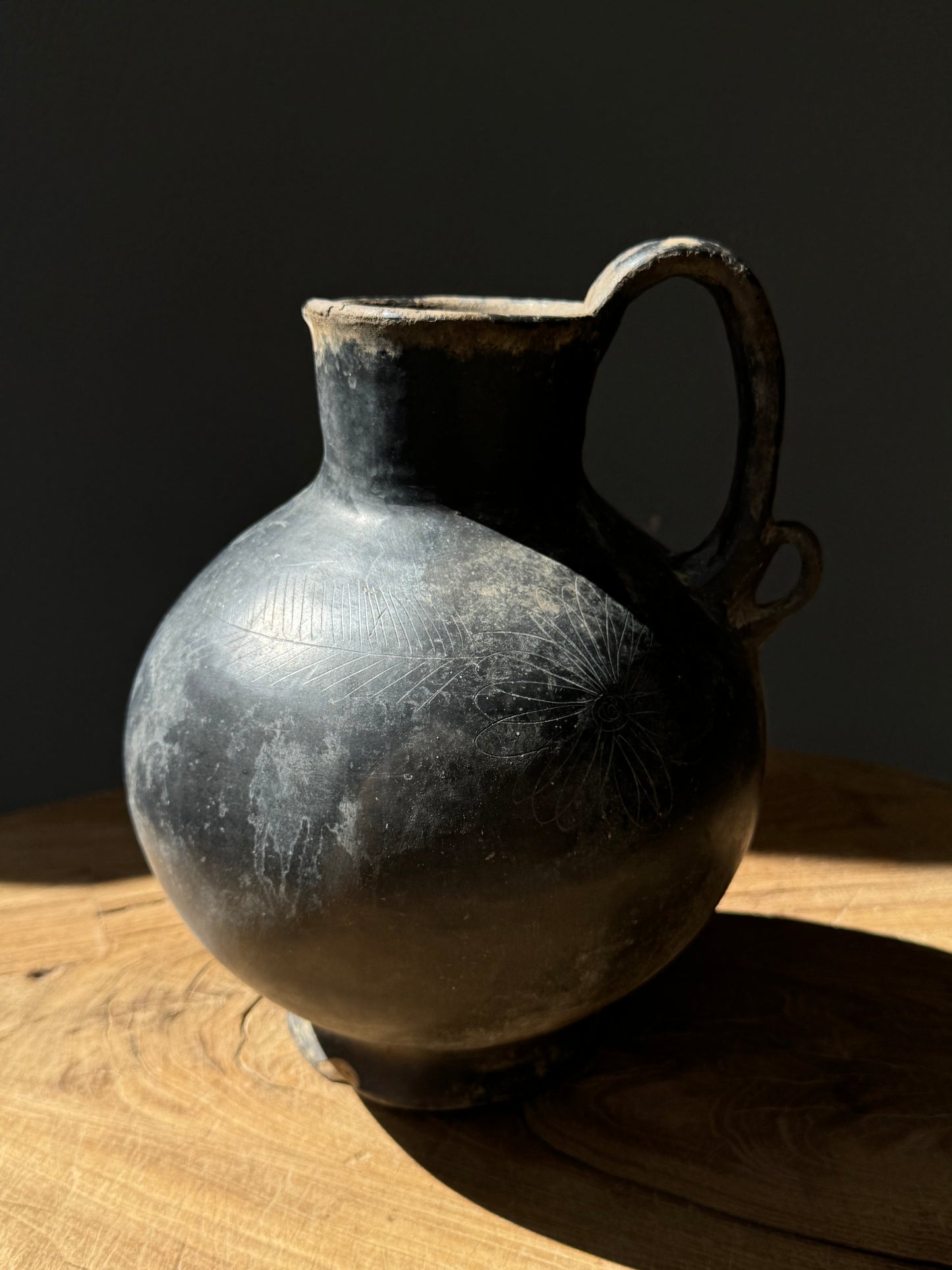 Black Clay Ceramic Pitcher With Flower Engraving From Coyotepec, Oaxaca, Circa 1940’s