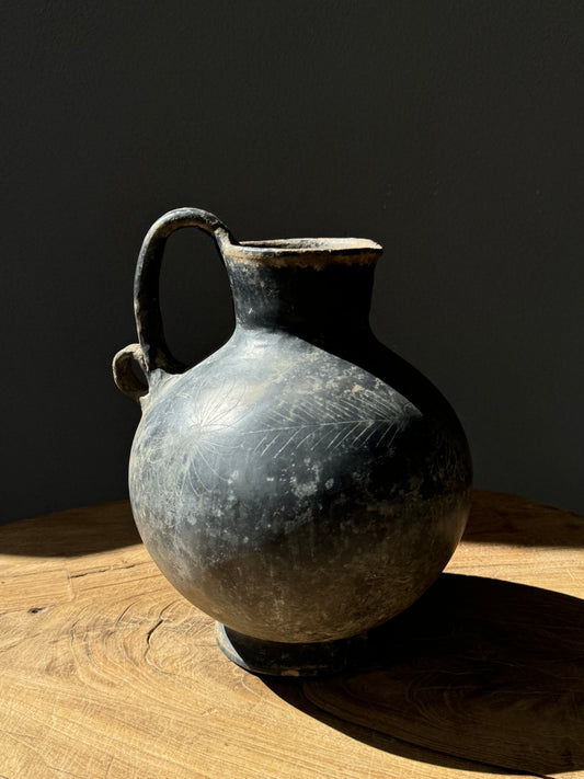 Black Clay Ceramic Pitcher With Flower Engraving From Coyotepec, Oaxaca, Circa 1940’s