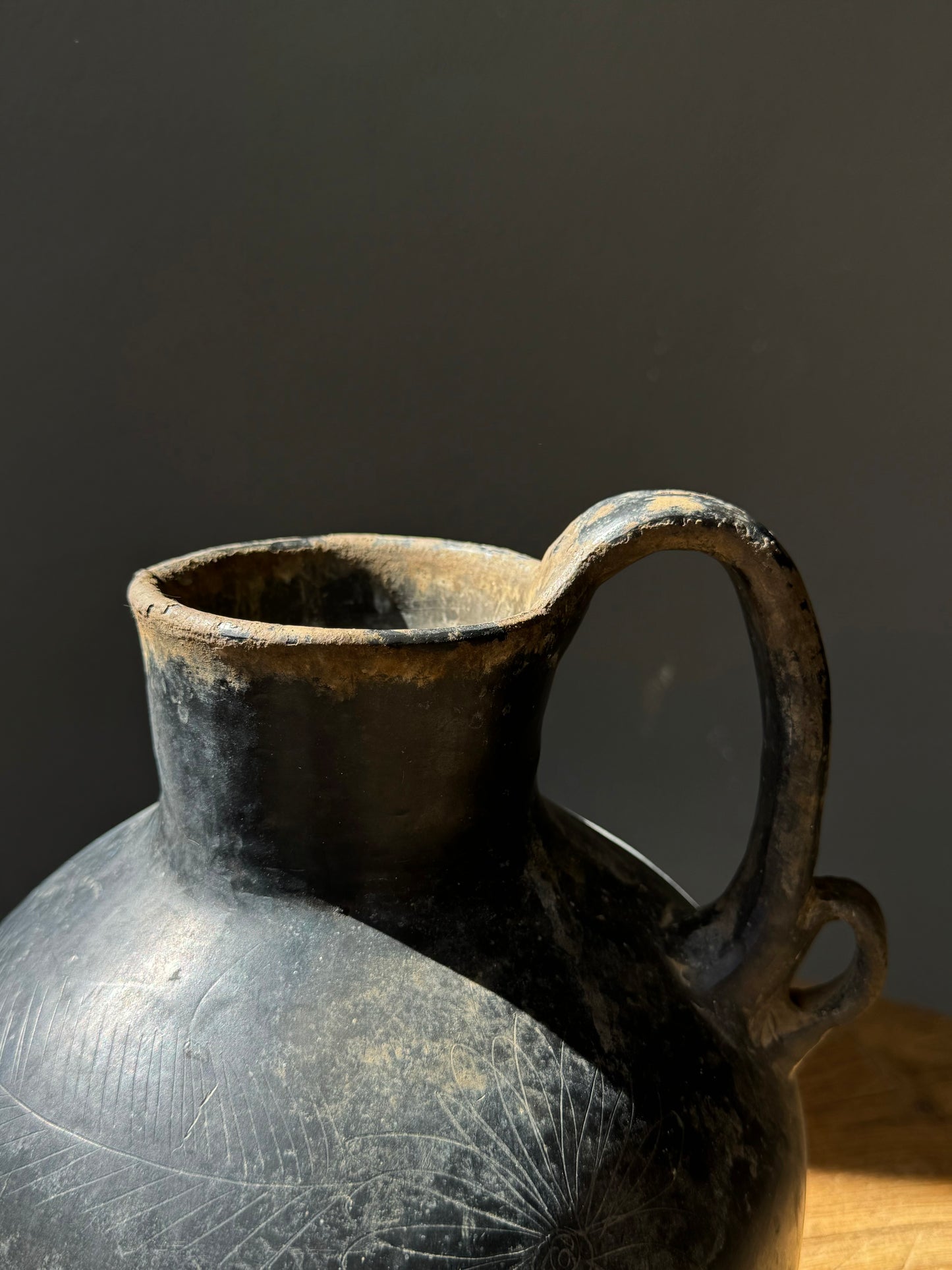 Black Clay Ceramic Pitcher With Flower Engraving From Coyotepec, Oaxaca, Circa 1940’s
